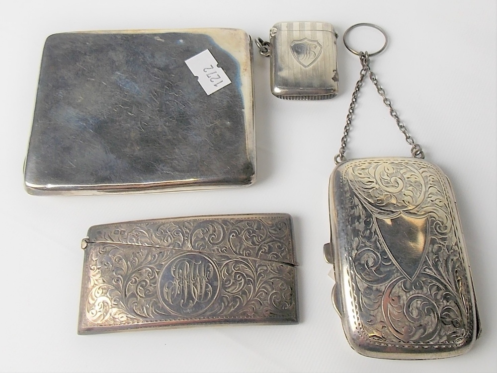 George V silver foliate scroll engraved cigarette case with suspension chain, Birmingham 1919; - Image 2 of 2