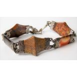 Victorian Scottish silver polished agate and hardstone five panel bracelet, each stone silver