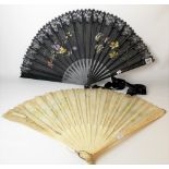 19th Century bone stick fan with lace and silk butterfly and flower painted fan (AF); together