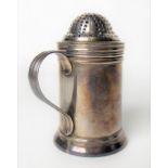 George I silver pepperette with threaded loop handle, London, date letter worn, maker I.L, height