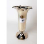 George V silver flared pedestal vase by Walker & Hall, with pierced scroll corners on the rim, the