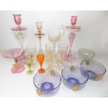 Collection of Venetian coloured glass; together with a set of seven 19th Century cordial glasses