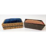 Tunbridge ware rectangular pin cushion, width 7cm; together with a Mauchline Tartan ware rectangular