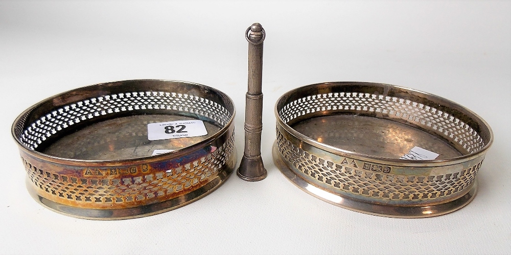 Pair of modern silver wine coasters, Birmingham 1977 and 1978; together with a silver engine