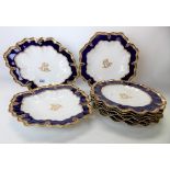 Royal Crown Derby Edwardian part dessert service, with cobalt blue ground, wavy rims and gilt