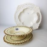 18th Century creamware basket moulded pedestal bowl with oval foot upon oval stand and with brown