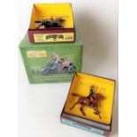 W. Britain boxed Clyno motorcycle & machine gunner; together with two modern boxed toy soldiers (3)