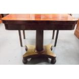 19th Century mahogany card table with swivel hinged top with baize inset over a plain cylindrical