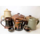 Collection of St Ives Leach Studio Pottery standard wares, including three mugs, two condiment pots,