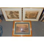 Three 18th/19th Century landscape watercolours, unsigned, one in birds eye maple frame (3).