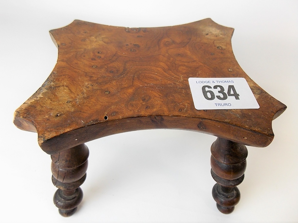 Victorian burr walnut miniature stool with four turned feet, width 13cm - Image 2 of 2