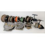 Eight vintage centre pin fishing reels together with two Mitchell 410 & one other, together with