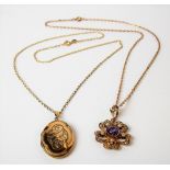 9ct gold seed pearl and amethyst set flowerhead pendants upon 9ct gold belcher link necklace;