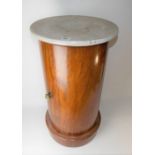 Victorian mahogany veneered marble top cylindrical pot cupboard with cupboard door & on a plinth