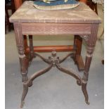 Edwardian mahogany envelope card table with single drawer and blind fret frieze upon cylindrical