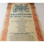 A rare Queen Victoria Coronation State procession scroll, printed in blue and red on paper by J.