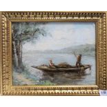 ATTRIBUTED TO PAUL TROUILLBERT River scene with two figures Oil on canvas 26cm x 35cm