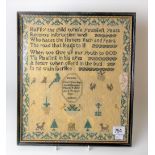 George III woolwork sampler with verse 'Happy the childs whose younger years receive instruction