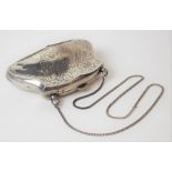 Edwardian silver foliate engraved purse with Moroccan leather interior, maker D.M & Co, weight 57.8g