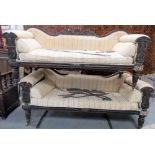 Pair of William IV mahogany carved & upholstered settees, the shaped back with shell & scroll top