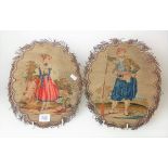 Pair of 19th Century needlework oval lobed panels, possibly for a pole screen, one depicting a lady,