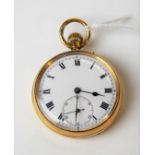 18ct gold crown wind fob watch with 30mm white enamel dial with Roman Numerals & subsidiary