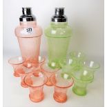 Art Deco peach cracked glass cocktail shaker with chromium plated lid and a set of six matching