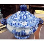 19th Century blue and white transfer printed pedestal twin handled soup tureen in 'Eski-Estamboul'