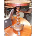 Victorian barley twist pedestal occasional table with circular dome base and three claw feet,