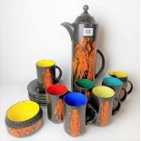 Crown Devon Fieldings Staffordshire coffee set for six with brown glaze and orange printed with