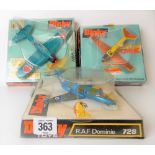 Three Dinky Toys diecast aeroplanes no's 710, 728 & 739 within boxed blister packs