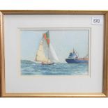 JAMES WOOD Yacht and shipping off St Mawes. Watercolour. Signed. 13.5cm x 20cm.