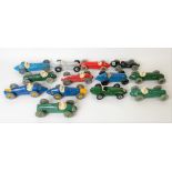 Collection of thirteen Dinky Toys diecast racing cars, including Cooper-Bristol no. 23G, Vanwall no.