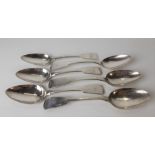 Victorian set of six Scottish silver fiddle pattern dessert spoons, maker J.C., Glasgow 1841, weight