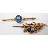 9ct gold blue stone set bar brooch, stamped 9ct; together with a yellow metal Art Nouveau brooch (