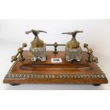 Victorian oak brass mounted two section inkstand with two wrythen fluted glass moulded inkwells with