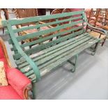Early 20th Century wrought iron & wood slat bench, possibly a railway bench, width 158cm