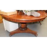 Victorian mahogany tilt top pedestal breakfast table with hexagonal baluster pedestal and triform