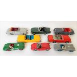 Collection of eight Dinky Toys diecast open top cars, including a Cadillac Eldorado no. 131, Bentley
