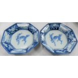 Pair of Chinese blue and white underglaze octagonal dishes, the rims with panels of river landscapes