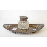 Victorian silver boat-shaped inkstand with pierced rim and with hobnail cut silver hinge lidded