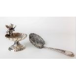 19th Century silver filigree caddy spoon with shell bowl; together with a modern 925 silver