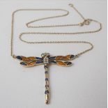 Modern 9ct gold opal & seed pearl set pendant necklace in the form of a dragonfly, weight 5.9g