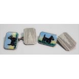 Pair of sterling silver coloured enamel & engine turned cufflinks, decorated with Scottie dogs,