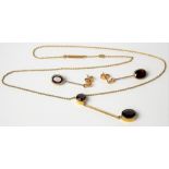 9ct gold garnet set pendant necklace; together with a pair of matching drop earrings, weight 3.8g