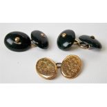 Pair of blood stone cuff links with yellow metal link; together with a 15ct gold foliate engraved
