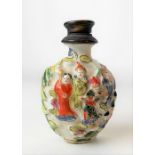 Chinese porcelain polychrome painted snuff bottle, relief moulded with figures and a boat, signed to