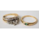 18ct hallmarked gold diamond & emerald ring (one diamond missing) together with a yellow metal