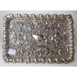 Victorian silver foliate scroll embossed rectangular tray decorated with two green man masks &