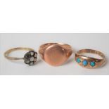 9ct rose gold gents signet ring, together with a 9ct gold moonstone set daisy ring & a 9ct gold